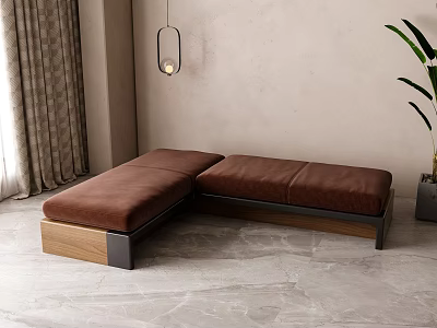 Modern Brown Sofa Bench With Wooden Base In Room With Curtain Plant And Hanging Lamp 3d model