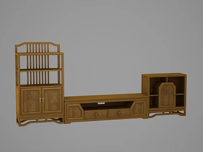 Traditional Wooden TV Stand With Drawers Cabinets And Open Shelves Design 3d model
