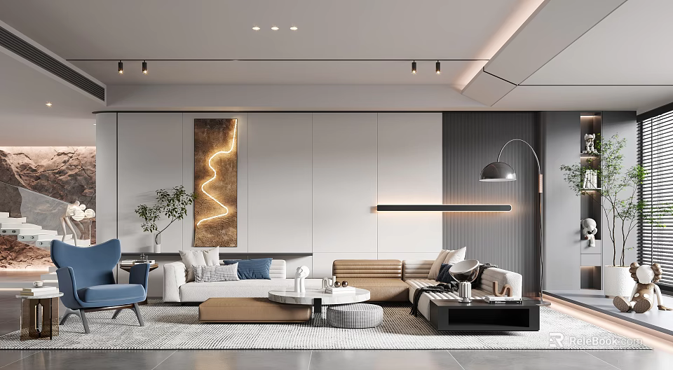 Modern Living Room Interior Design With Sofa Set Coffee Table Decorative Art And Floor Lamp 3d model 