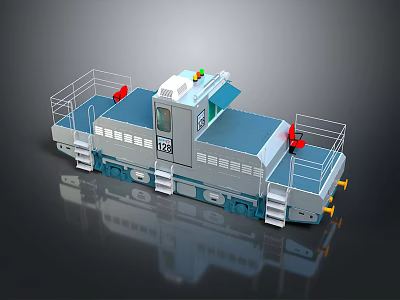 Industrial Train With Blue And White Body Platform With Railings Top Control Cabin Yellow Components 3d model