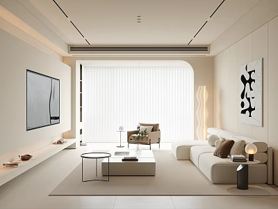 Modern Living Room Interior Design With Large TV Floor to Ceiling Windows and Sofa 3d model