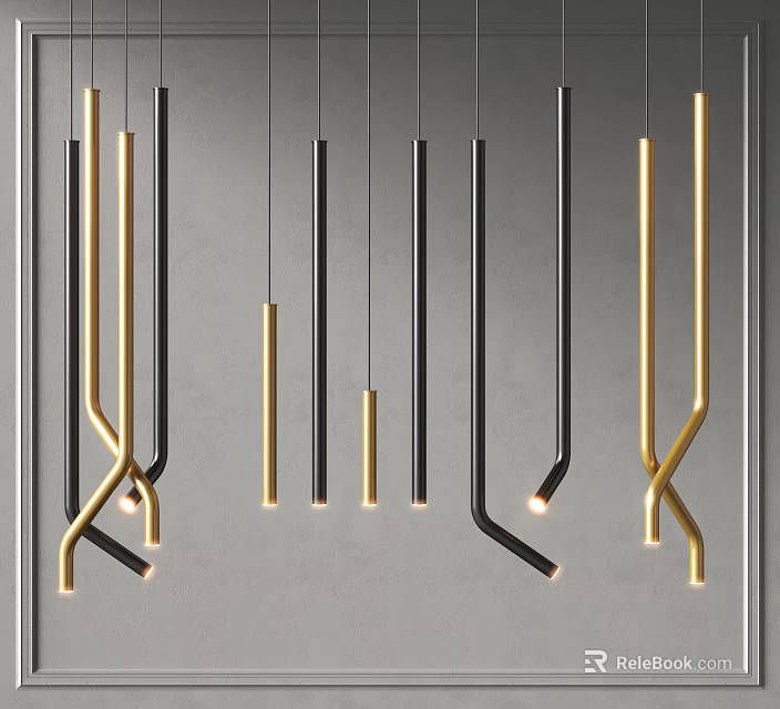 Sleek Modern Metallic Curved Slim Pendant Lights Black And Gold Hanging In Minimalist Interior 3d model 
