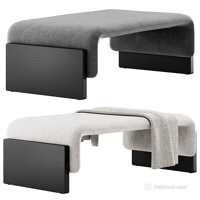 Modern Upholstered Sofa Bench With Gray Beige Fabric Black Base And Decorative Throw Blanket 3d model 