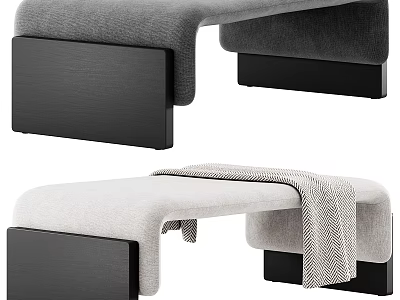 Modern Upholstered Sofa Bench With Gray Beige Fabric Black Base And Decorative Throw Blanket 3d model