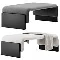 Modern Upholstered Sofa Bench With Gray Beige Fabric Black Base And Decorative Throw Blanket