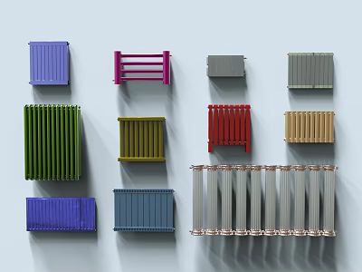 Various Colored Radiators With Different Designs Arranged On Light Gray Wall 3d model