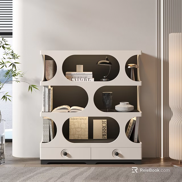 Modern White Bookshelf with Open Compartments Holding Books Decorative Lamp and Vase 3d model 