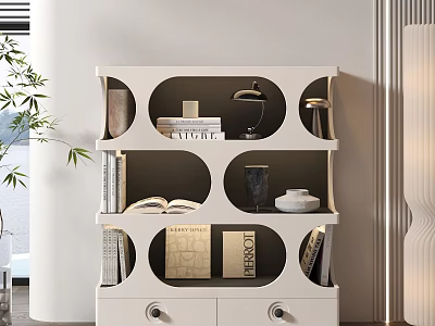 Modern White Bookshelf with Open Compartments Holding Books Decorative Lamp and Vase 3d model
