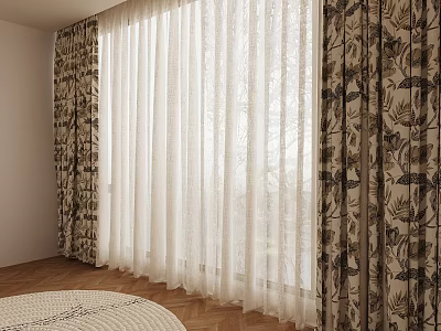 Patterned Curtains And White Sheer Drapes In Interior With Wooden Floor Round Rug 3d model