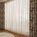 Patterned Curtains And White Sheer Drapes In Interior With Wooden Floor Round Rug