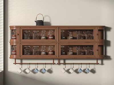 Wooden Wall-Mounted Storage Cabinet Rack With Glass Doors Jars Hanging Hooks And Mugs 3d model