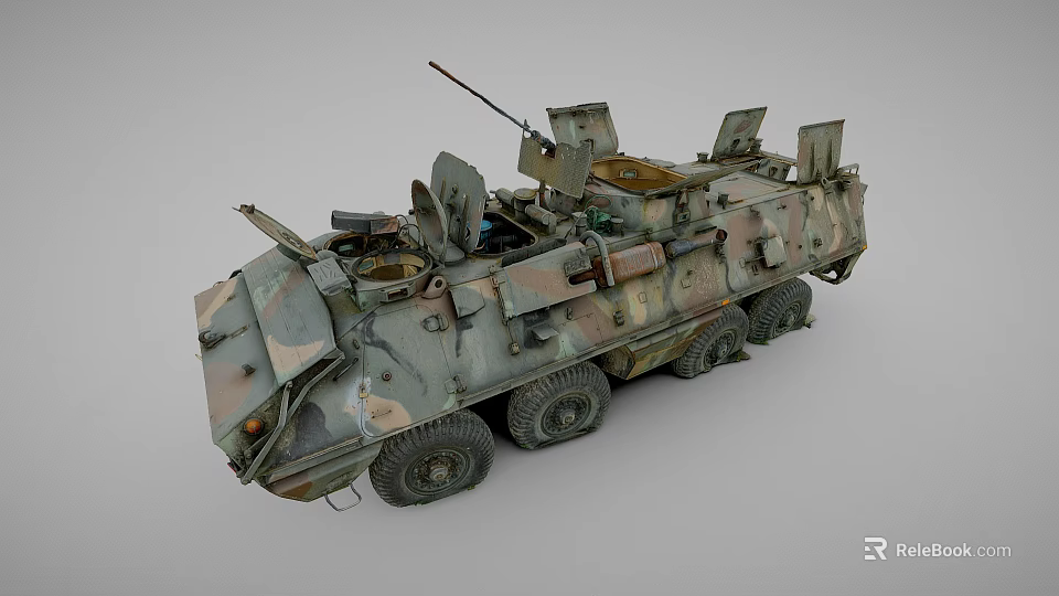 Military Camouflage Armored Tank With Multiple Wheels Open Top Mounted Gun And Equipment 3d model 