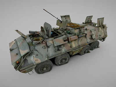 Military Camouflage Armored Tank With Multiple Wheels Open Top Mounted Gun And Equipment 3d model