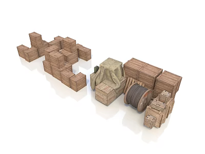 Wooden Crates Cable Reel And Canvas Covered Object Arrangement On White Surface 3d model