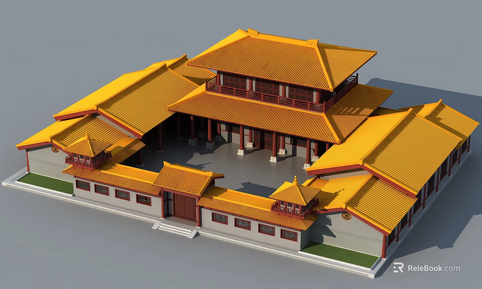 Traditional Ancient Chinese Architecture With Yellow Tiled Roofs Multi Tiered Structure And Courtyard Design 3d model 