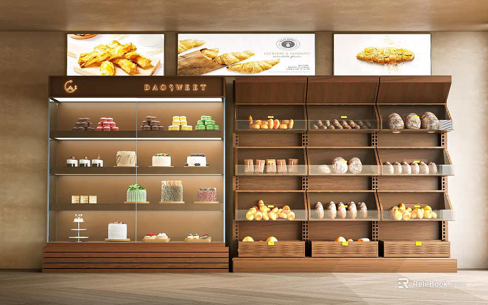 Bakery Display Shelves With Wooden Structure Glass Doors And Organized Pastries Bread 3d model 