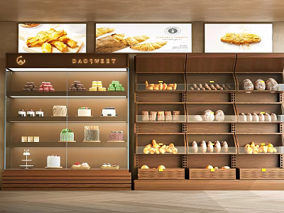 Bakery Display Shelves With Wooden Structure Glass Doors And Organized Pastries Bread 3d model