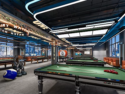 Modern Billiard Room Interior With Multiple Pool Tables Neon Lights And Comfortable Seats 3d model