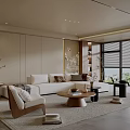 Minimalist Living Room Interior With Beige Sofa Wooden Coffee Table Large Windows And Blinds