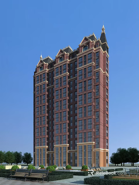 High Rise Residential Building with Classical Design Red Brick Exterior Large Windows Against Blue Sky 3d model 