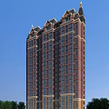 High Rise Residential Building with Classical Design Red Brick Exterior Large Windows Against Blue Sky