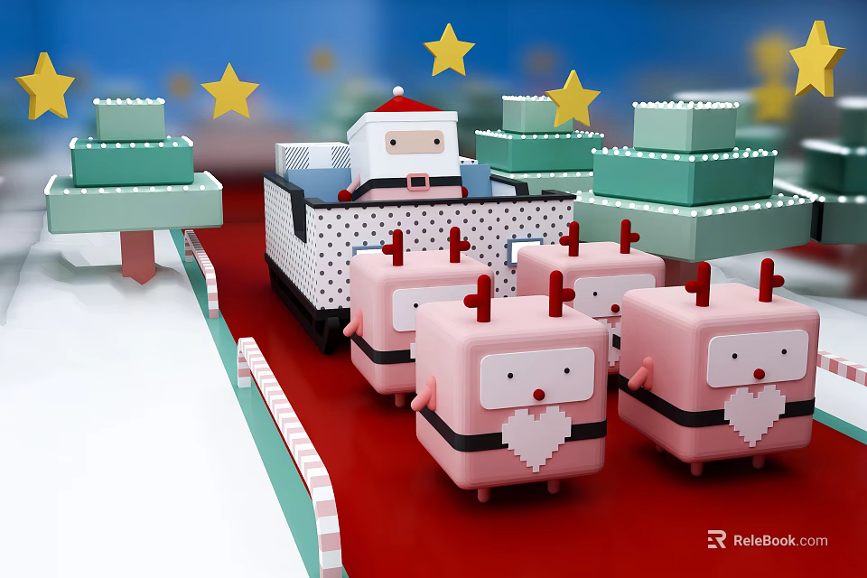 Festive Christmas Cartoon Scene With Santa Claus Pink Characters Green Trees Red Carpet And Stars 3d model 
