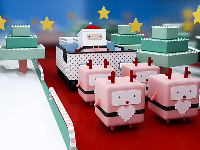 Festive Christmas Cartoon Scene With Santa Claus Pink Characters Green Trees Red Carpet And Stars 3d model