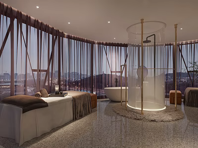 Modern SPA Sauna Room Interior With Massage Bed Bathtub Round Transparent Shower And City View 3d model