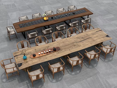 Natural Wooden Tea Table And Chairs With Long Tabletop And Tea Accessories 3d model