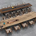 Natural Wooden Tea Table And Chairs With Long Tabletop And Tea Accessories