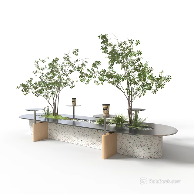 Outdoor Chair with Wooden Legs Terrazzo Base and Green Plants in Garden Setting 3d model 