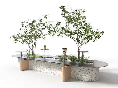 Outdoor Chair with Wooden Legs Terrazzo Base and Green Plants in Garden Setting 3d model