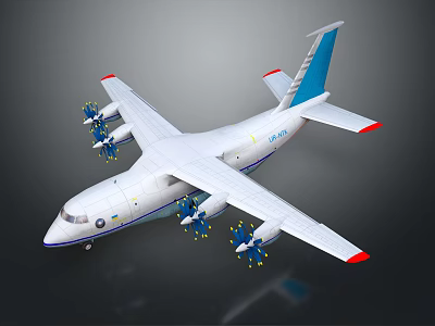 Passenger Plane with White Body Blue Tail Four Propeller Engines Red Wingtips 3d model