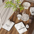 Minimalist Decorative Ornament Set With Green Plants Glass Vase Books White Decor On Wooden Tabletop