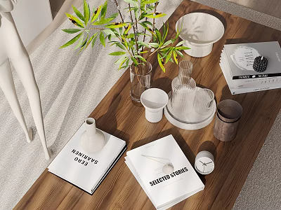 Minimalist Decorative Ornament Set With Green Plants Glass Vase Books White Decor On Wooden Tabletop 3d model