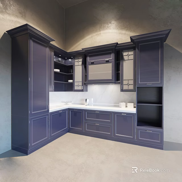 Modern Kitchen With Dark Blue Corner Cabinets Open Shelves And White Countertop 3d model 