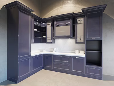 Modern Kitchen With Dark Blue Corner Cabinets Open Shelves And White Countertop 3d model