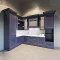 Modern Kitchen With Dark Blue Corner Cabinets Open Shelves And White Countertop