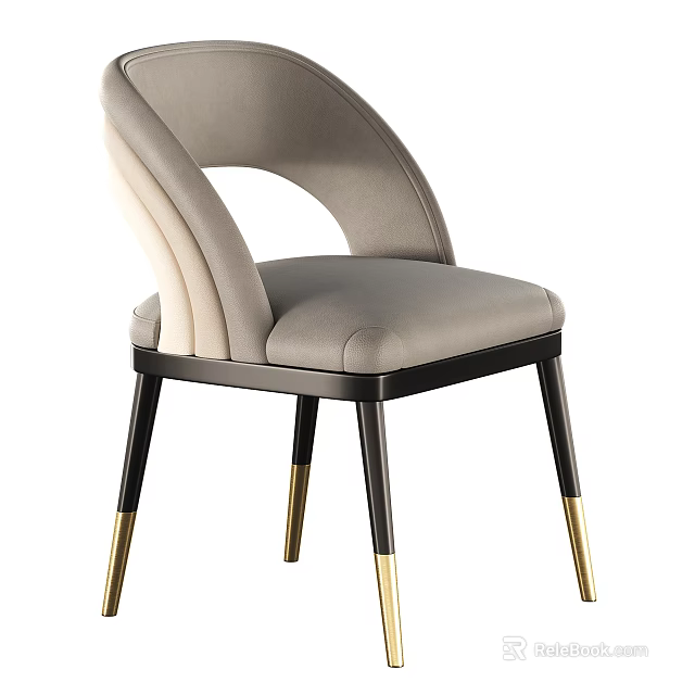 Modern Light Gray Beige Upholstered Dining Chair With Curved Backrest Black Legs Gold Accented Feet 3d model 