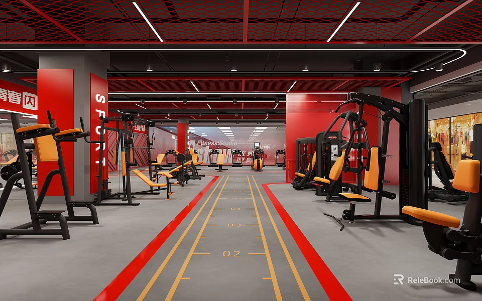 Modern Gym Interior With Red Walls Black And Yellow Fitness Equipment And Track Lines 3d model 