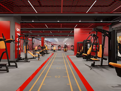Modern Gym Interior With Red Walls Black And Yellow Fitness Equipment And Track Lines 3d model