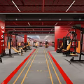 Modern Gym Interior With Red Walls Black And Yellow Fitness Equipment And Track Lines