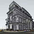 Grand Multi Storey White Classical Commercial Complex With Arched Windows And Street Traffic