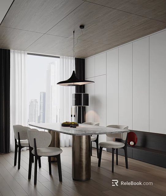 Modern Restaurant Interior With Large Window City View White Cabinets Marble Dining Table And Chairs 3d model 