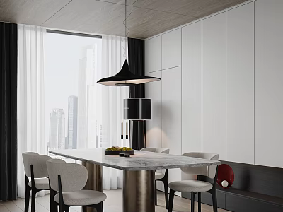Modern Restaurant Interior With Large Window City View White Cabinets Marble Dining Table And Chairs 3d model