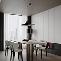 Modern Restaurant Interior With Large Window City View White Cabinets Marble Dining Table And Chairs