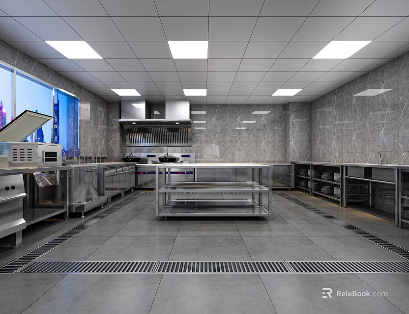 Spacious Commercial Kitchen With Stainless Steel Worktables Range Hoods And Tile Walls Drain Grilles 3d model 