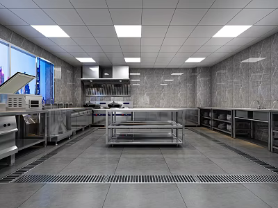 Spacious Commercial Kitchen With Stainless Steel Worktables Range Hoods And Tile Walls Drain Grilles 3d model