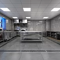 Spacious Commercial Kitchen With Stainless Steel Worktables Range Hoods And Tile Walls Drain Grilles