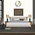 Serene Bedroom Interior With Beige Bed Painting Table Lamps Nightstands Orange Chair And Plant